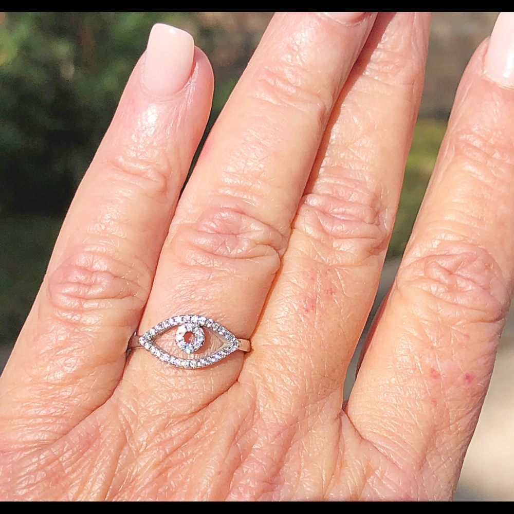 Pave CZ Dainty Evil Eye Sterling Ring NEW Size 6-9